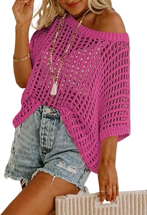💥This Week's Special Price 💥Womens Summer Scoop Neck ShortSleeve Sweater Casual Crochet Hollow Out KnitTops