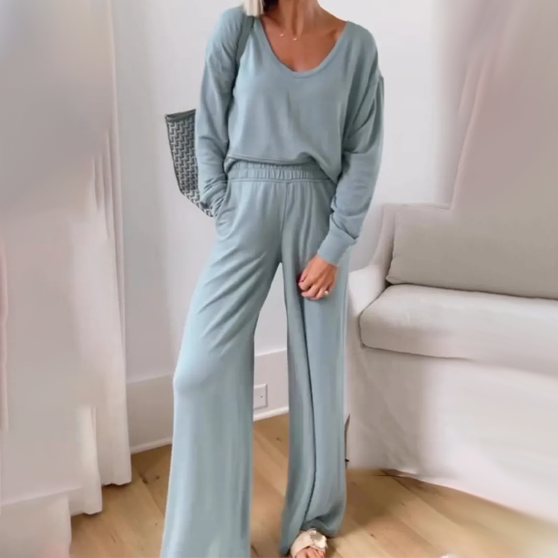 Women's Casual V-Neck Top & Full-Length Pants Set