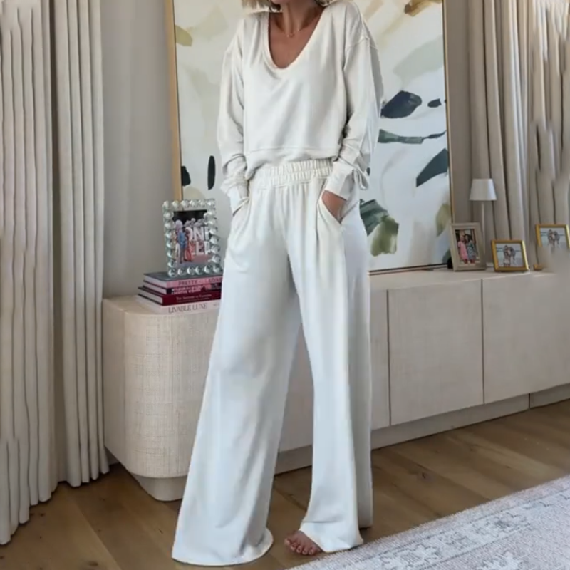 Women's Casual V-Neck Top & Full-Length Pants Set
