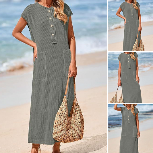 Knitted Short Sleeve Maxi Button Dress