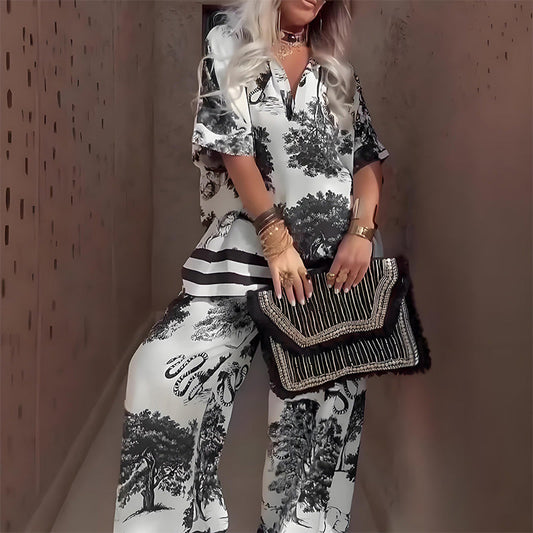 🛍️ Women's Matching Printed Set - V-Neck Top & Long Pants | No-Fuss Outfit, Versatile Print & All-Day Comfort | UK Sizes Available