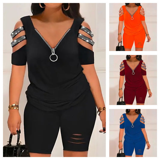 💖2025 summer new style💖Off-shoulder V-neck narrow zipper short jumpsuit🎁