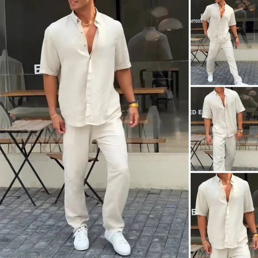 ✨Hot Sale 50% OFF✨Men’s Solid Lapel Short-Sleeve Tops & Pants 2-Piece Set👔