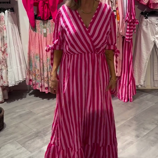 ✨ Striped V-Neck Casual Dress - Women's Flattering Silhouette, Breathable Material | Ideal for Summer Days, Garden Gatherings & More