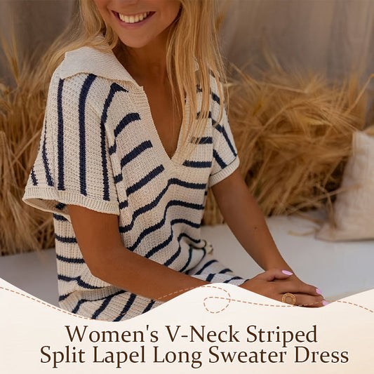 Women's V-Neck Striped Split Lapel Long Sweater Dress