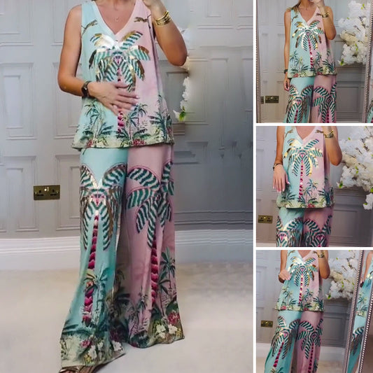 🌴 Tropical Coconut Tree Set: Tank + Pants, Lightweight & Vibrant