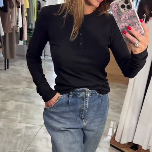 ✨Slim-Fit Button Top: Long-Sleeve, Tailored Fit, Effortless Chic Every Outing