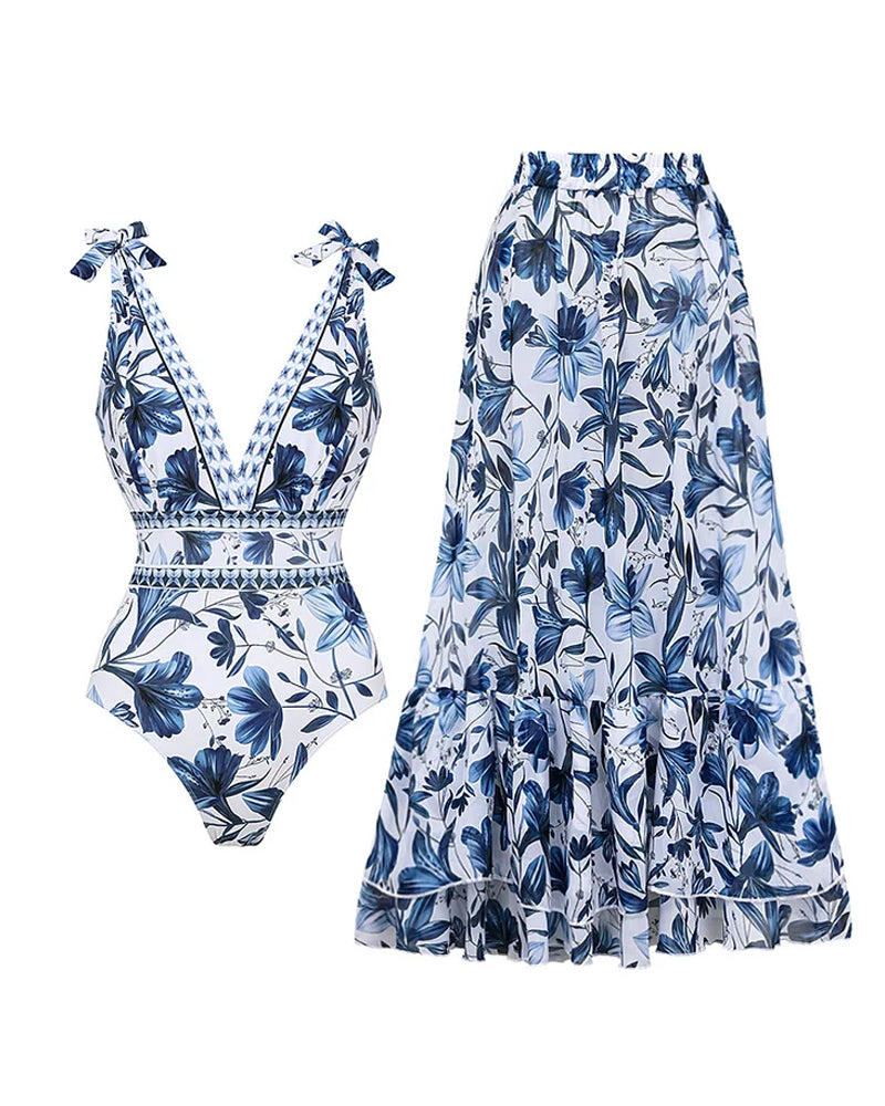 š„ Special Sale 49% OFFš„ V Neck Lace Up Printed One Piece Swimsuit and Skirt