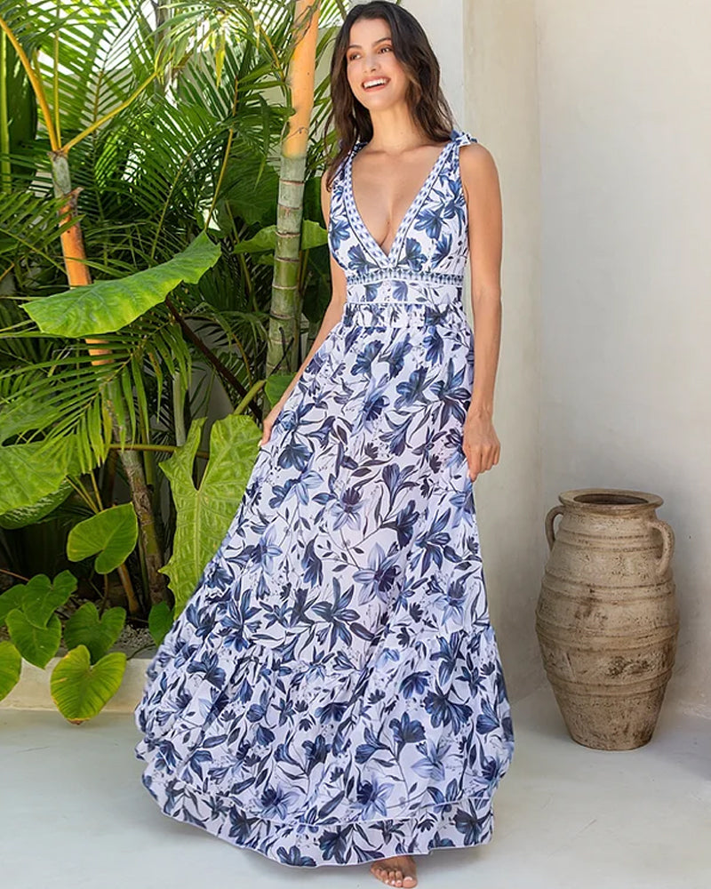 š„ Special Sale 49% OFFš„ V Neck Lace Up Printed One Piece Swimsuit and Skirt