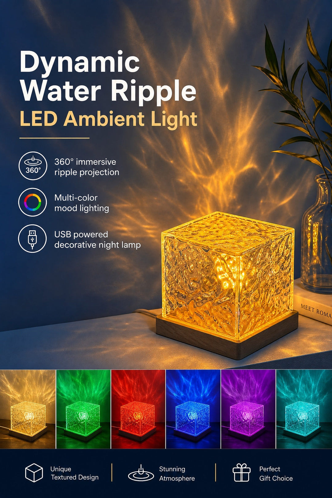 🥳2026 HOT SALE🥳💞50K+ SOLD! 🌊💤 50% OFF! Dynamic Water Ripple LED Light – soothing ripple effect, soft flicker-free glow. USB powered, 3W, ideal for bedtime relaxation & reading. 🛋️✨