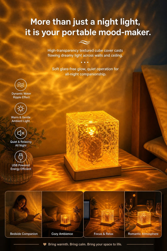 🥳2026 HOT SALE🥳💞50K+ SOLD! 🌊💤 50% OFF! Dynamic Water Ripple LED Light – soothing ripple effect, soft flicker-free glow. USB powered, 3W, ideal for bedtime relaxation & reading. 🛋️✨