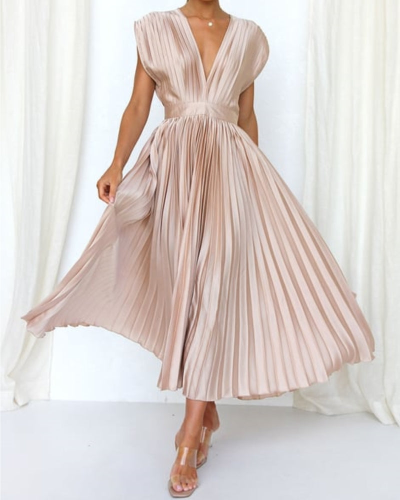 Timeless Elegance: Draped V-Neck Pleated Skirt Dress