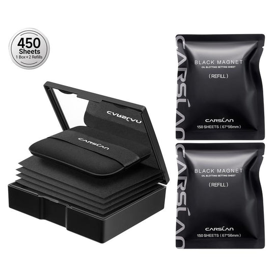 CARSLAN Black Magnet Oil Blotting Setting Sheet With Powder More Control Oil Keep Fresh 2 IN 1 Blotting Sheet with Mirror Puff & Recyclable Case 450 Sheets 1 Box 2 Refills