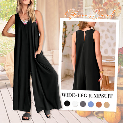 Women's Casual V-Neck Sleeveless Wide-Leg Jumpsuit