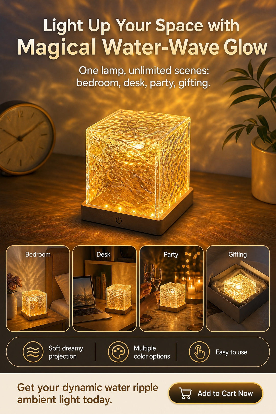 🥳2026 HOT SALE🥳💞50K+ SOLD! 🌊💤 50% OFF! Dynamic Water Ripple LED Light – soothing ripple effect, soft flicker-free glow. USB powered, 3W, ideal for bedtime relaxation & reading. 🛋️✨