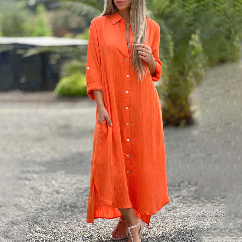 Lapel Long Sleeve Button Down Shirt Dress