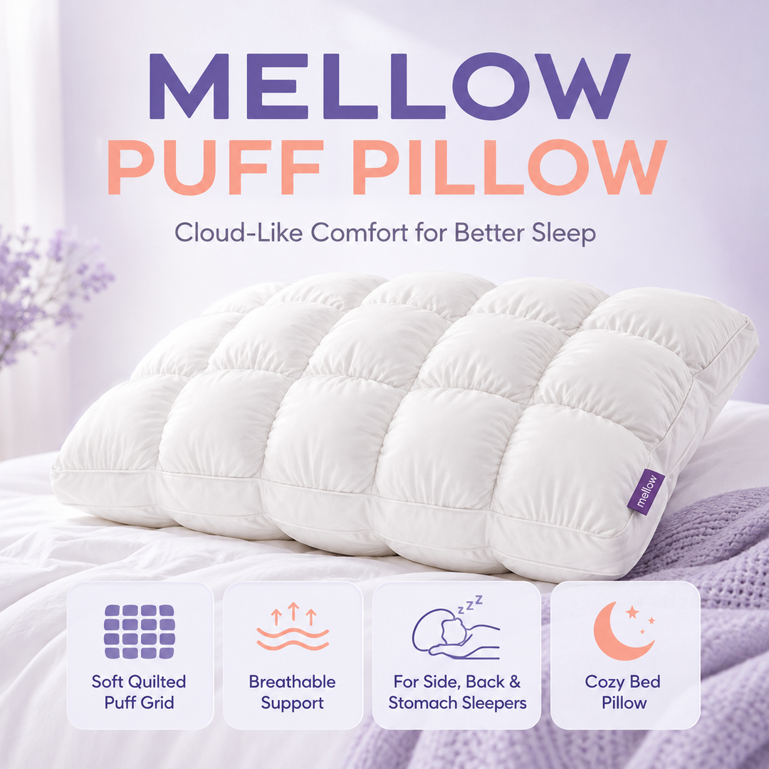 Mellow Sleep | Mellow Puff Pillow – Soft Quilted Puff Grid Design Pillow, Fluffy Plush Bed Pillow with Cloud Like Comfort, Breathable Support Pillow for Side, Back & Stomach Sleepers, Cozy Bed Pillow for Better Sleep