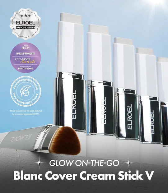 [OFFICIAL ELROEL PRODUCT] 🎉Last Day - BUY 1 GET 1 FREE🎉ELROEL BLANC Cover Cream Stick V w/ Detachable Brush - Korean Skin Care Color-Changing Foundation Stick with Collagen Capsules (0.45 oz)