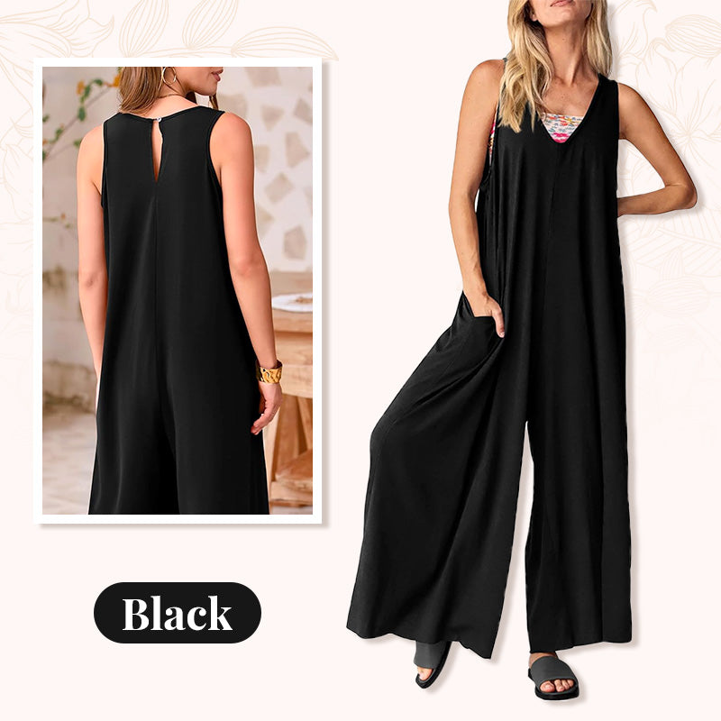 Women's Casual V-Neck Sleeveless Wide-Leg Jumpsuit