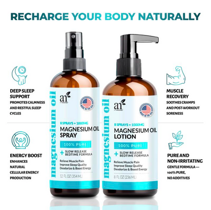 Artnaturals Magnesium Oil Spray 12 oz & Body Massage Lotion Set 8oz for Feet & Sleep - Extra Strength Cream Ultra-Pure Relief & Relaxation Muscle Health Leg & Joint Care Topical Non Itch Pack Aloe Calming Cosmetic Body Oil