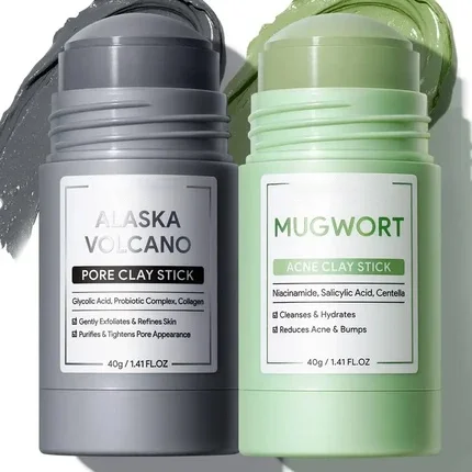 💜Dual Clay Mask Stick Set — Mugwort Clarifying / Volcanic Mud Detoxifying / Brightening & Even-Toning