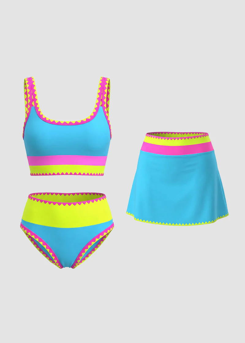 🌼Color Block Patchwork Nylon Sporty 3-Piece Bikini Set - High Waisted & Tummy Control Swimsuit👙🌈
