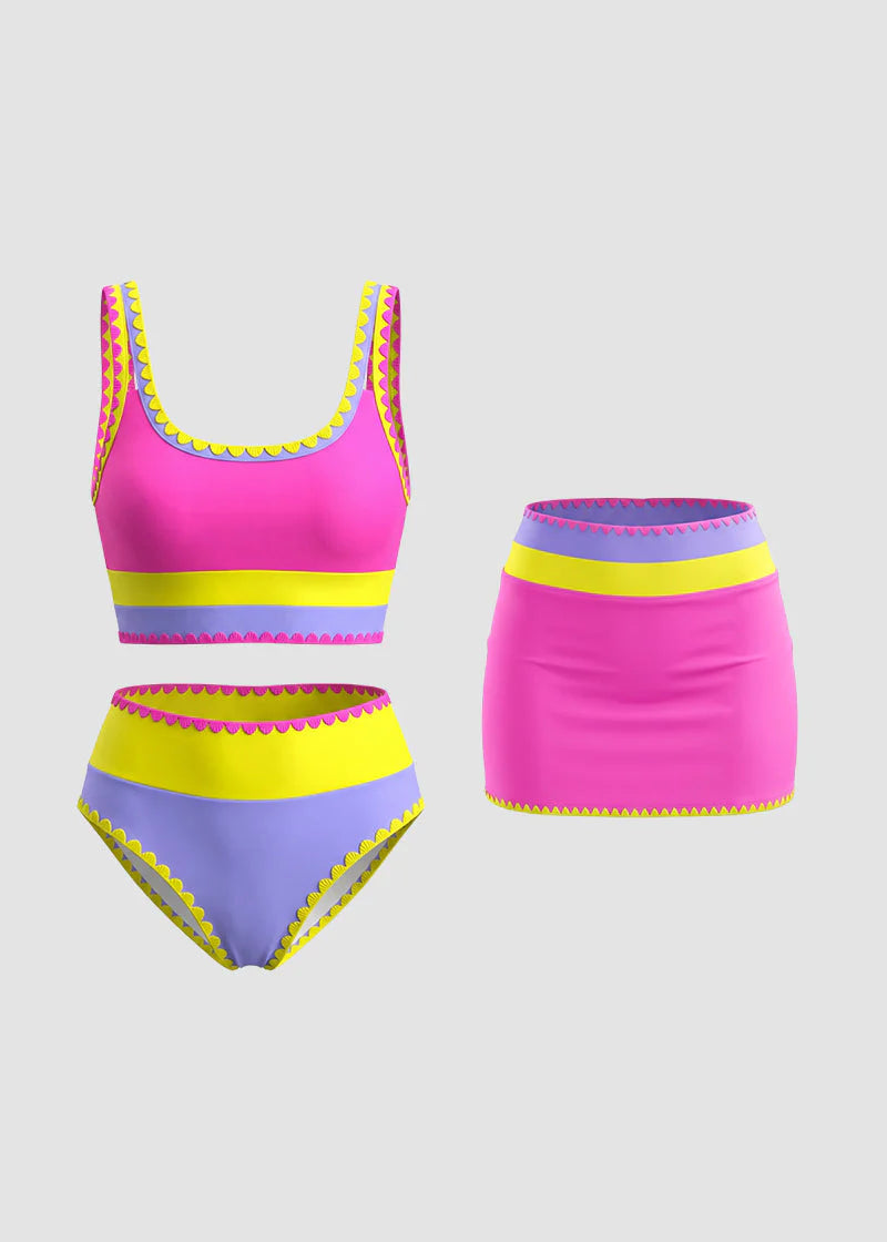 🌼Color Block Patchwork Nylon Sporty 3-Piece Bikini Set - High Waisted & Tummy Control Swimsuit👙🌈