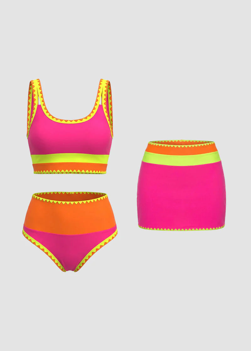 🌼Color Block Patchwork Nylon Sporty 3-Piece Bikini Set - High Waisted & Tummy Control Swimsuit👙🌈