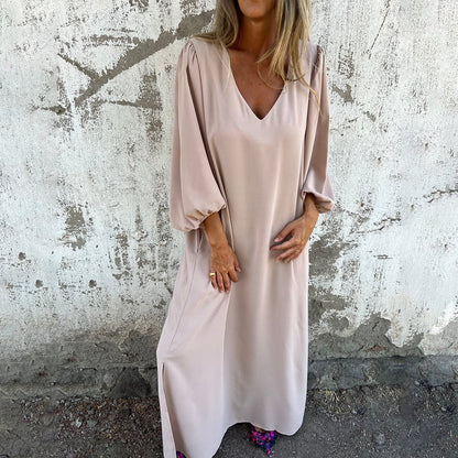 🔥Hot Sale 49% OFF🔥V-neck Solid Color Lantern Sleeve Dress