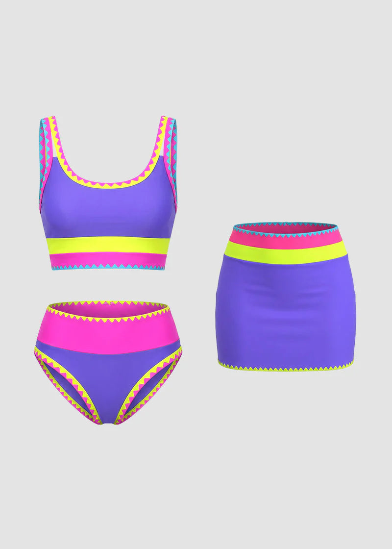🌼Color Block Patchwork Nylon Sporty 3-Piece Bikini Set - High Waisted & Tummy Control Swimsuit👙🌈