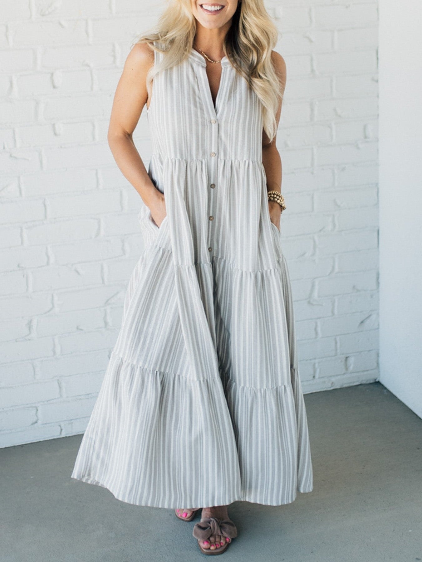 Women's  V Neck Striped Button Front Tiered Dress👗