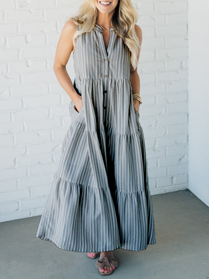 Women's  V Neck Striped Button Front Tiered Dress👗