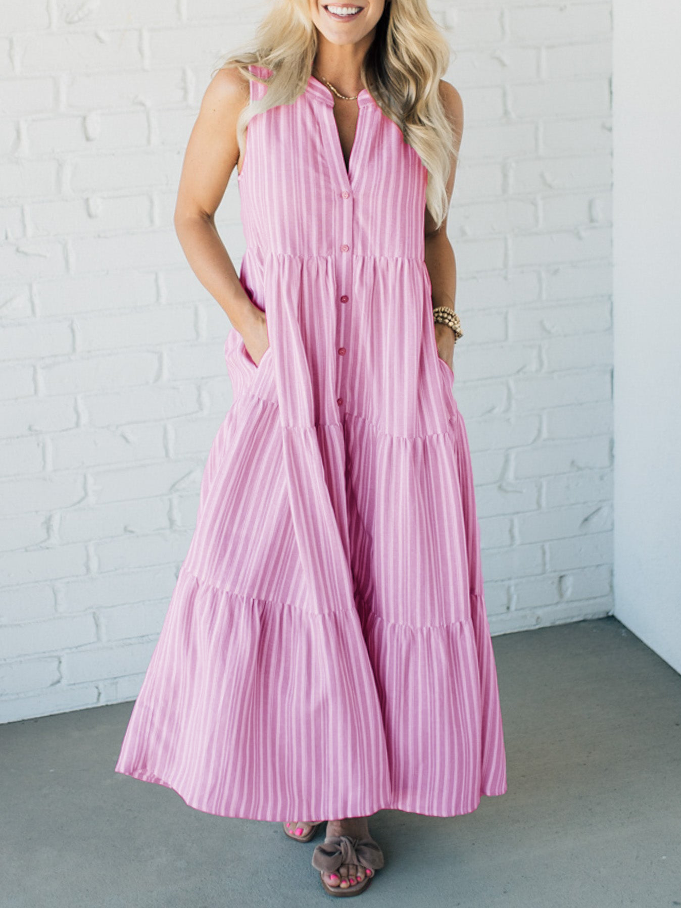 Women's  V Neck Striped Button Front Tiered Dress👗