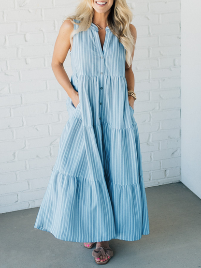 Women's  V Neck Striped Button Front Tiered Dress👗