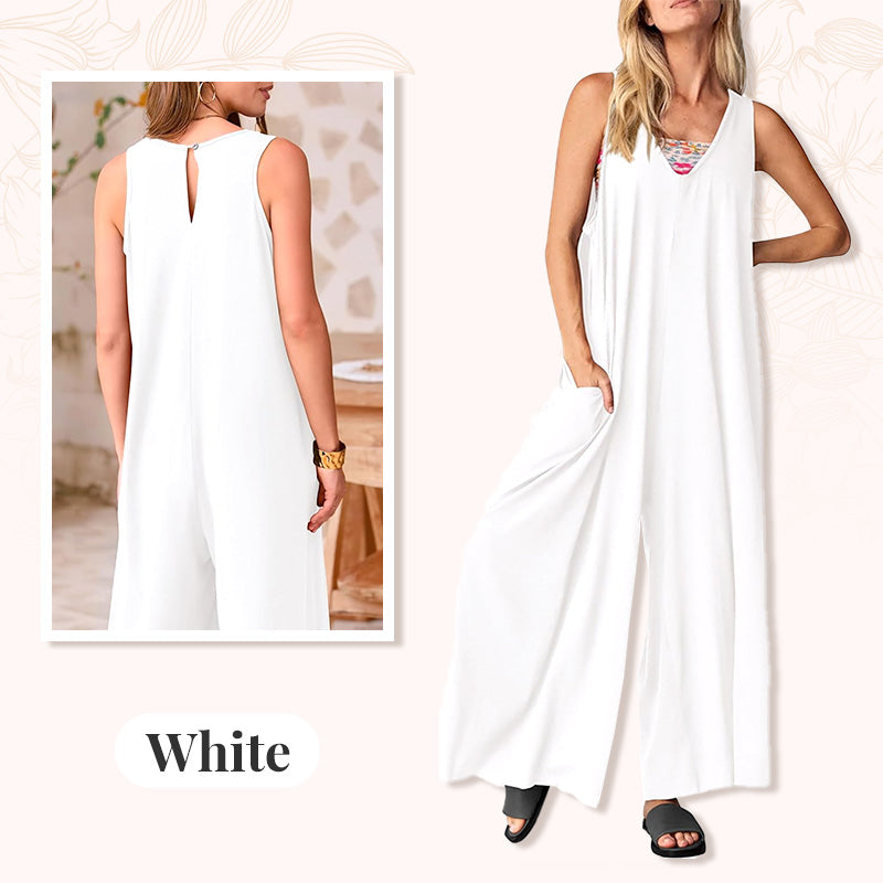 Women's Casual V-Neck Sleeveless Wide-Leg Jumpsuit