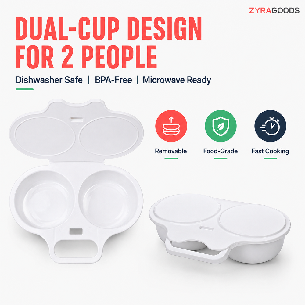 🍳Hot Sale 🔥 Dual Cavity Microwave Egg Poacher, Oil‑Free Quick Breakfast Egg Cooker, Food‑Safe Double‑Slot Egg Steamer for Fast Home Morning Meal Prep