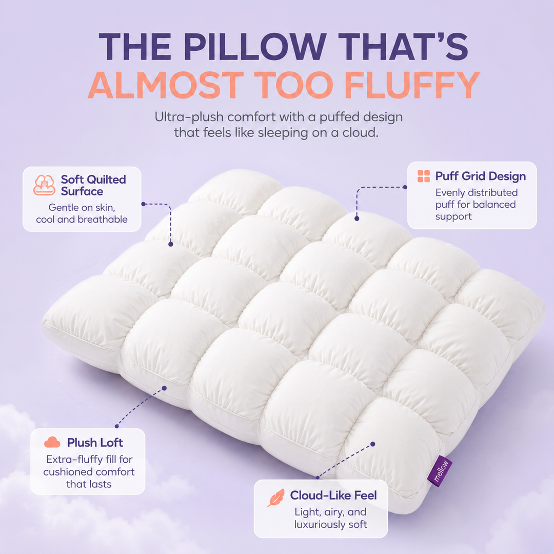 Mellow Sleep | Mellow Puff Pillow – Soft Quilted Puff Grid Design Pillow, Fluffy Plush Bed Pillow with Cloud Like Comfort, Breathable Support Pillow for Side, Back & Stomach Sleepers, Cozy Bed Pillow for Better Sleep
