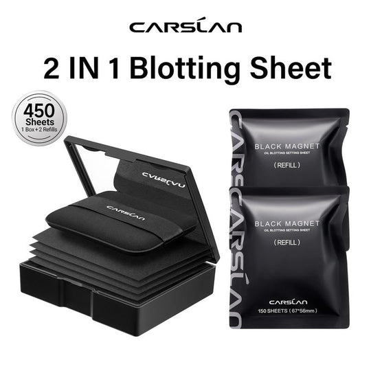 CARSLAN Black Magnet Oil Blotting Setting Sheet With Powder More Control Oil Keep Fresh 2 IN 1 Blotting Sheet with Mirror Puff & Recyclable Case 450 Sheets 1 Box 2 Refills