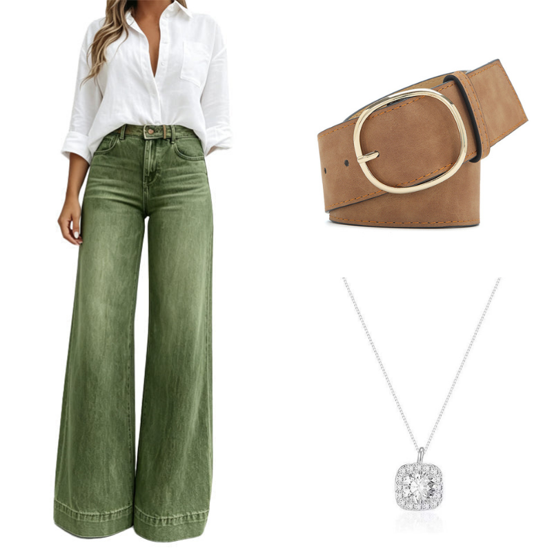 Army Green+Leather Belt+Necklace
