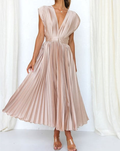 Timeless Elegance: Draped V-Neck Pleated Skirt Dress