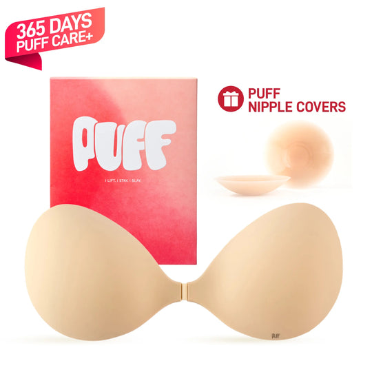 PUFF Sticky Bra – No.1 Push-up Sticky Bra, Waterproof & Sweat-proof Invisible Bra, Reusable Silicone Adhesive Bra for Women, Includes Storage Board & Replaceable Pads