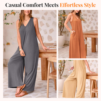 Women's Casual V-Neck Sleeveless Wide-Leg Jumpsuit