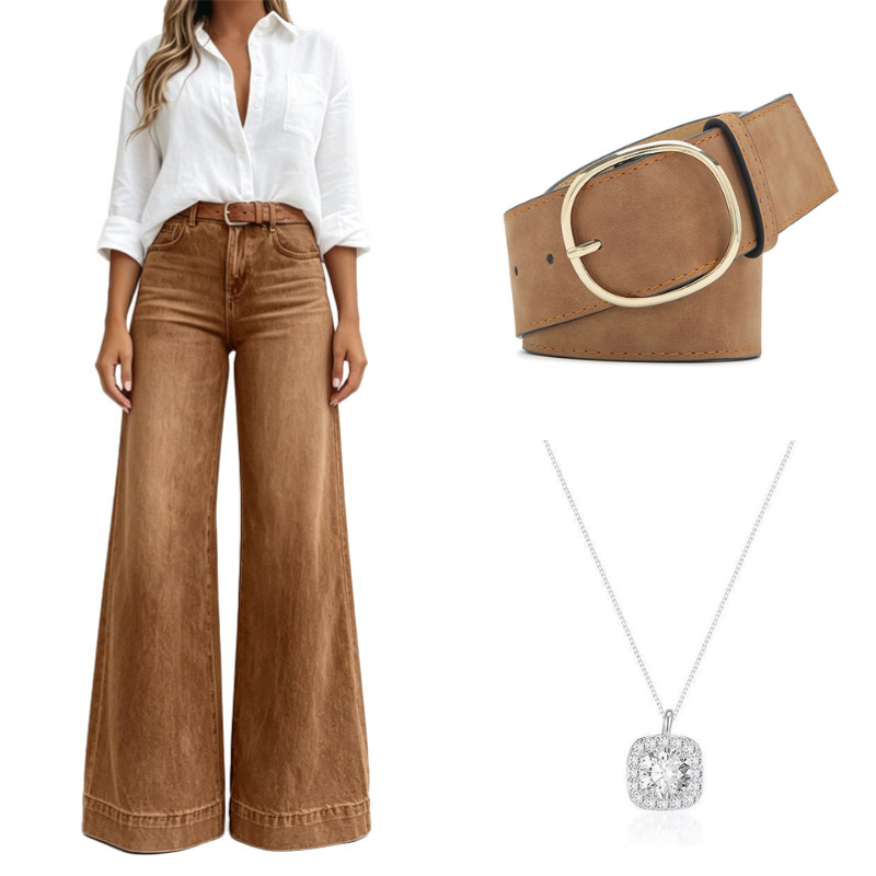 Dark Brown+Leather Belt+Necklace