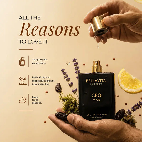 BellaVita Luxury's CEO Man Eau De Parfum 100ml (3.38 Fl.oz) | Lemon, Lavender, Tonka & Agarwood | Long Lasting Perfume for Men | Vegan Perfume | Perfect Gift for Men