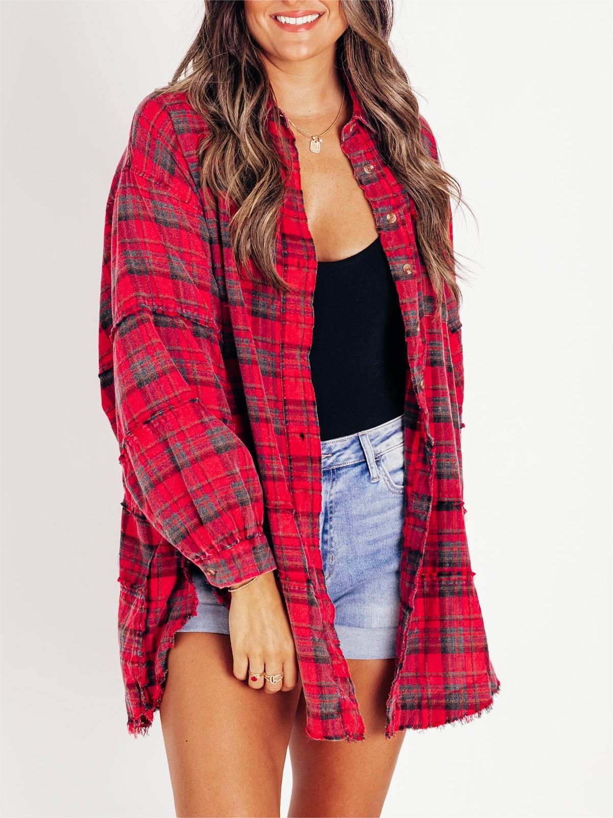 🏆Women's Mineral Washed Button Down Plaid Shirt