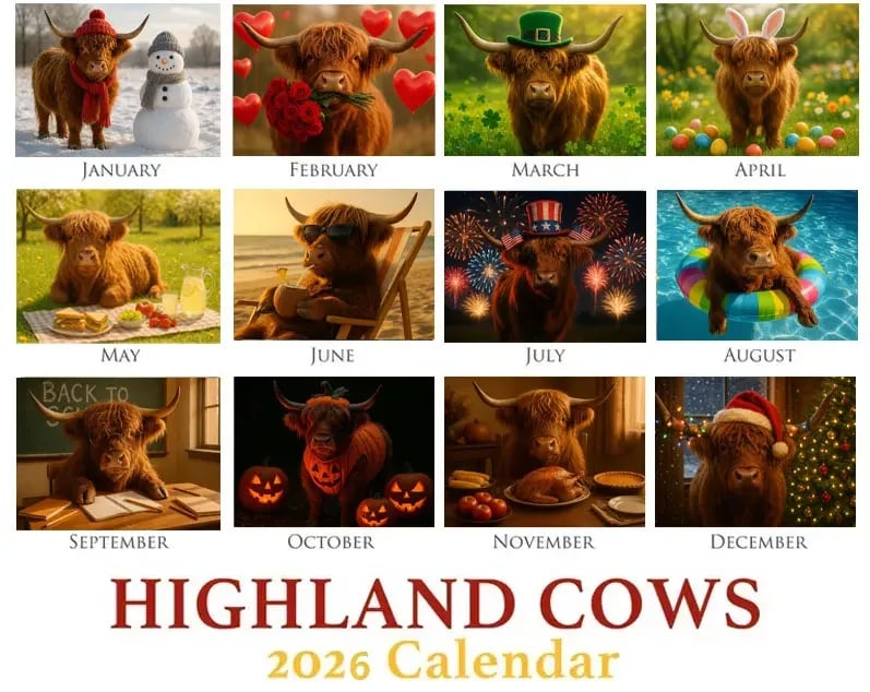 🐮Highland Cow Calendar 2026 – Rustic Farmhouse Wall Art & Monthly Planner📅