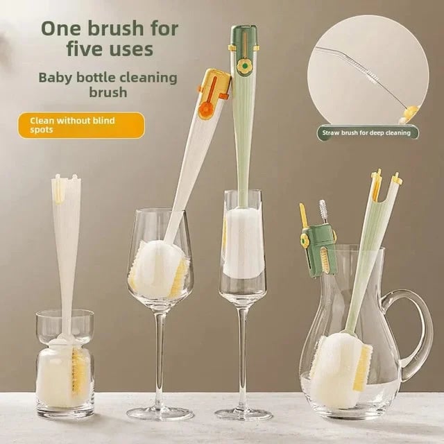 5-in-1 Bottle & Straw Cleaning Brush – Multifunctional Tool for Bottles, Cups, Straws (Cream White/Jasmine Green)-suhui