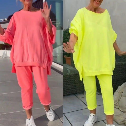 💕Round neckline slit Fluorescent colour leisure suit for women