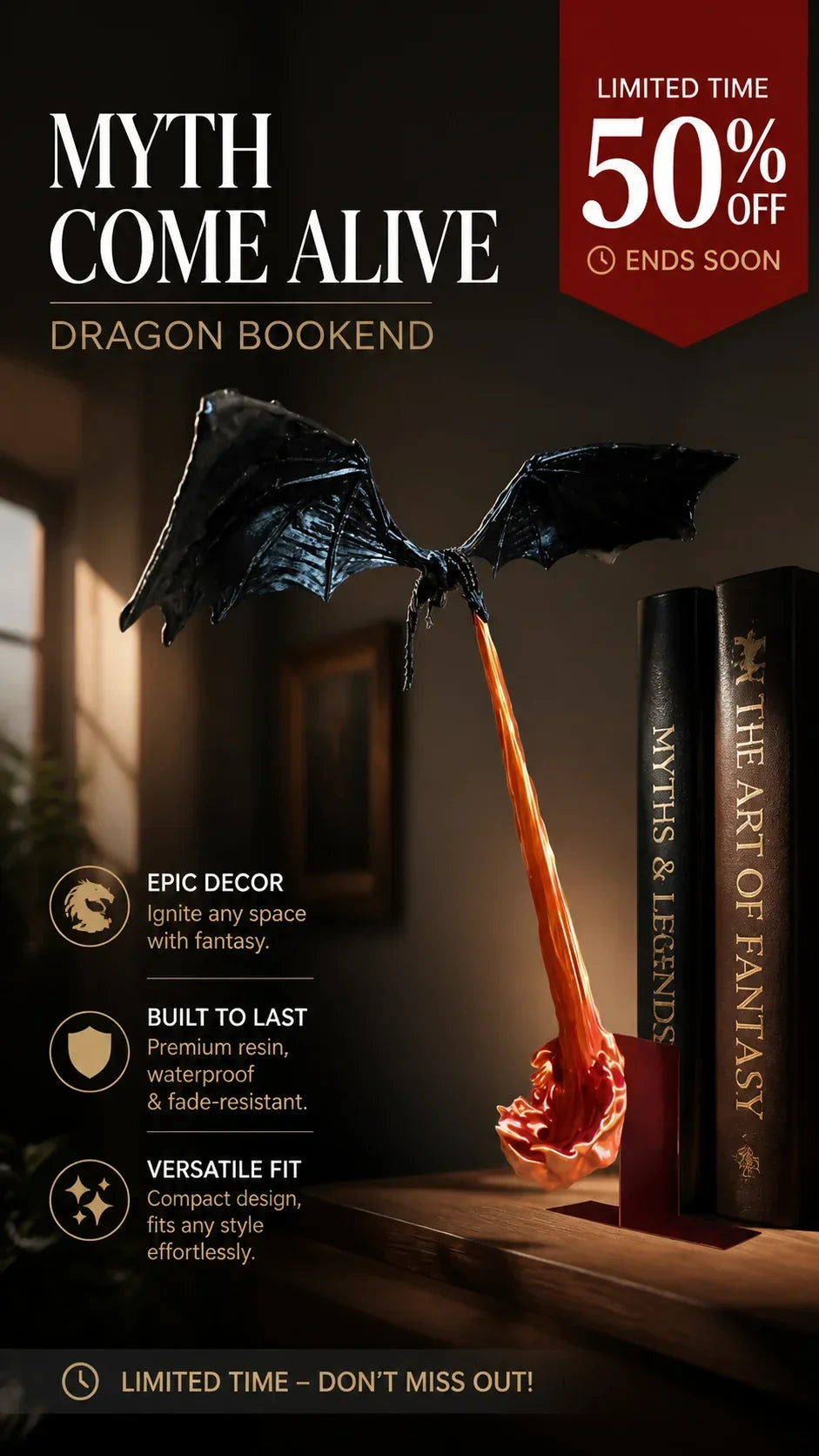 🔥 50% OFF – LIMITED TIME 🐉 Dragon Flame Book Nook – Flying Dragon Bookshelf Ornament for Book Lovers