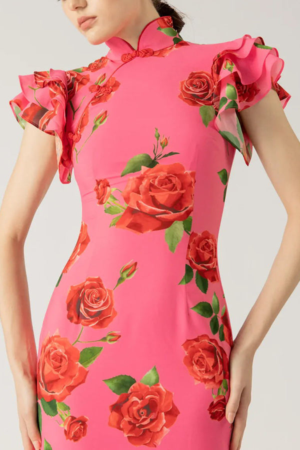 🎉Hot Sale 49% OFF🥳Cheongsam Style Rose Floral Print Tiered Flare Sleeve Stretch Maxi Dress